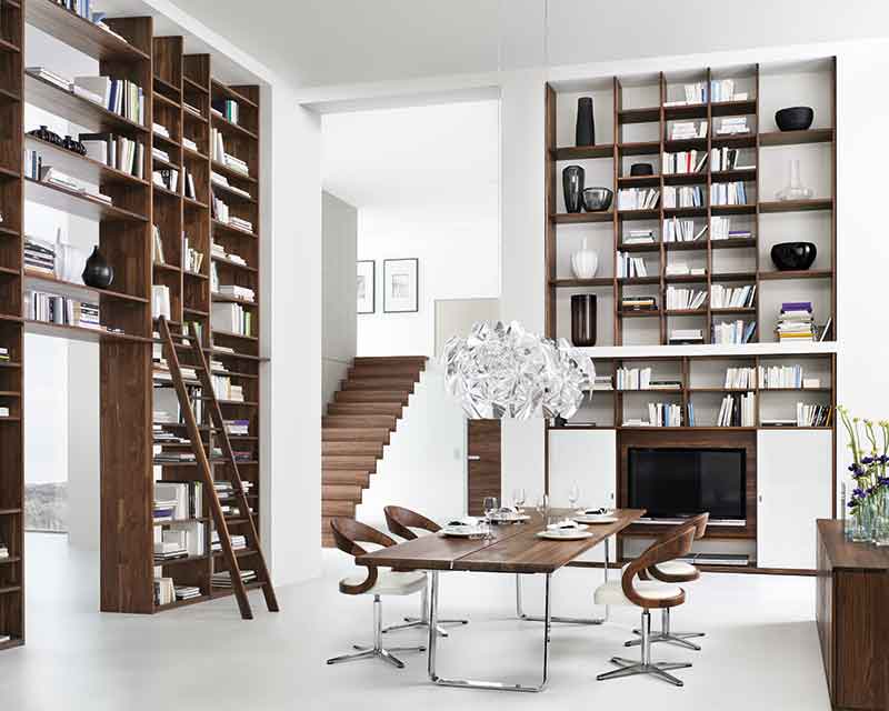 Gorgeous walnut and white glass bookcases from Austria