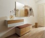 Brown leather upholstered hallway bench with mirror and cabinet
