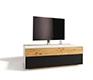 Flat-screen television cabinet shown in glass and oak featuring soundbar storage