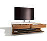 Luxury high-end tv stand cabinet shown in walnut and white glass