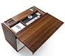 Luxury computer desk shown in walnut and white glass