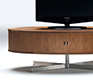 Modern tambour door media cabinets shown in walnut