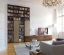 High-end walnut and coloured-glass fronted wall units