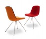 Red and orange upholstered dining chairs with steel legs