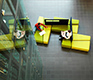 Yellow lobby and reception area open-plan seating