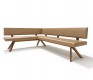 Front view of the YPS corner dining bench shown in brown leather and solid walnut wood