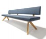 High-back dining bench shown in blue upholstery fabric and solid hardwood