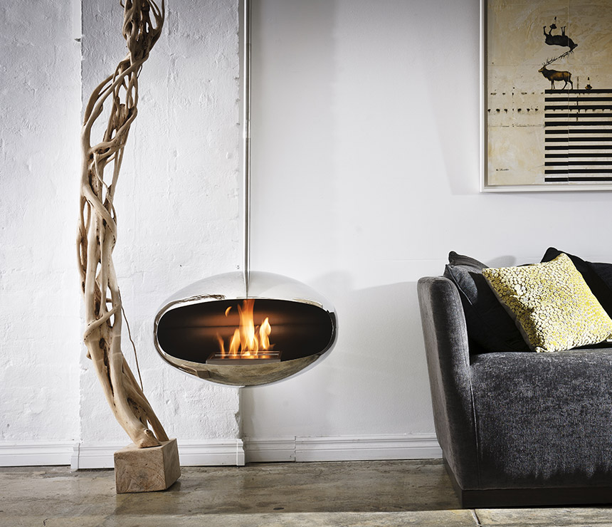 Cocoon Aeris bio-ethanol fuel fire place suspended from the ceiling
