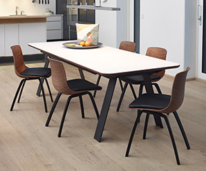 Corian, oil-burnt steel legged, solid hardwood trimmed Danish table