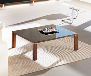 Solid walnut wood and coloured glass coffee table