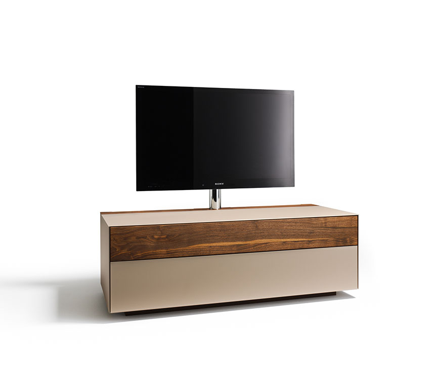 Cubus Pure media cabinet shown with rotating TV stand