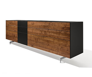 Sideboards made from solid beech clad in coloured glass on metallic runners