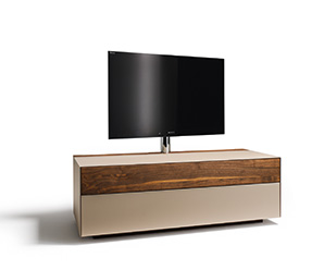 Elegant coloured glass and solid wood TV cabinet
