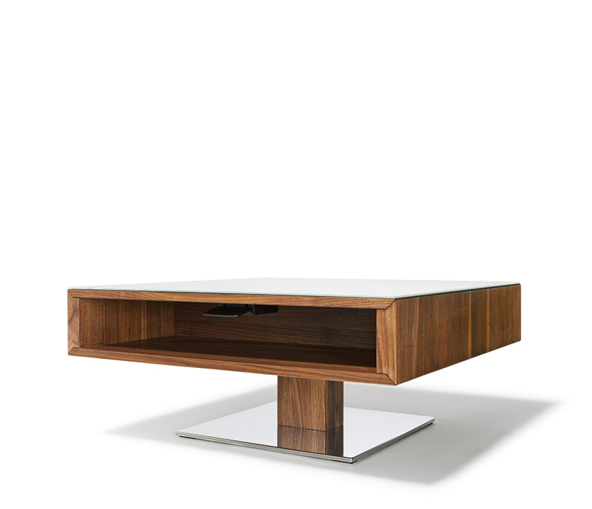 Designer coffee table shown at its lowest height