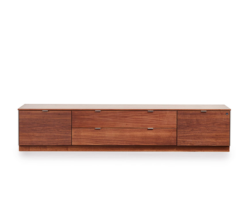 Discreet walnut media cabinets with integrated soundbar from Denmark