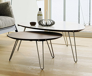 Solid walnut wood or corian and steel coffee tables
