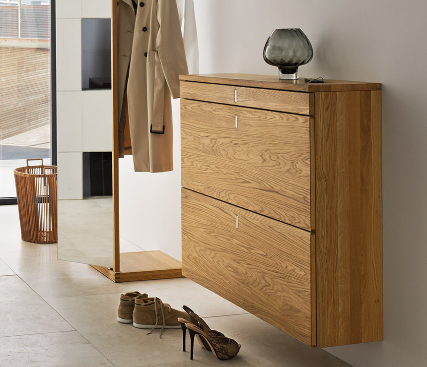 High-end flap-door shoe chest in solid hardwood - pictured in oak