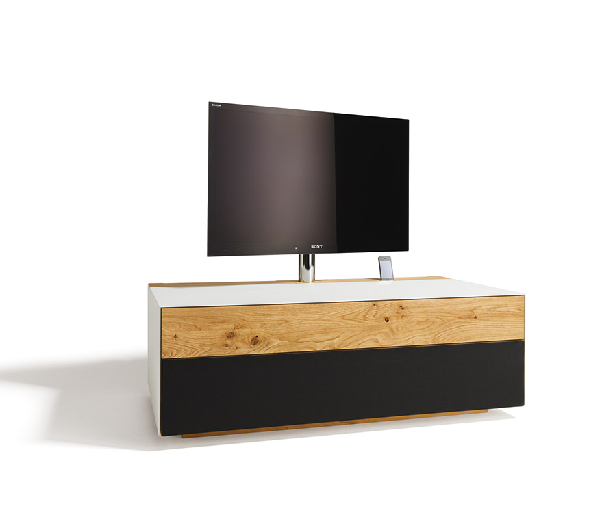 Flat-screen television cabinet shown in glass and oak featuring soundbar storage