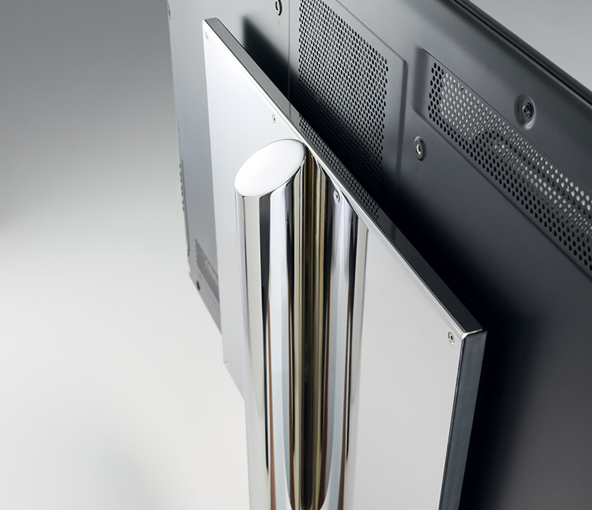 Reverse-shot of the Flat-screen TV rotating stand shown in chrome steel