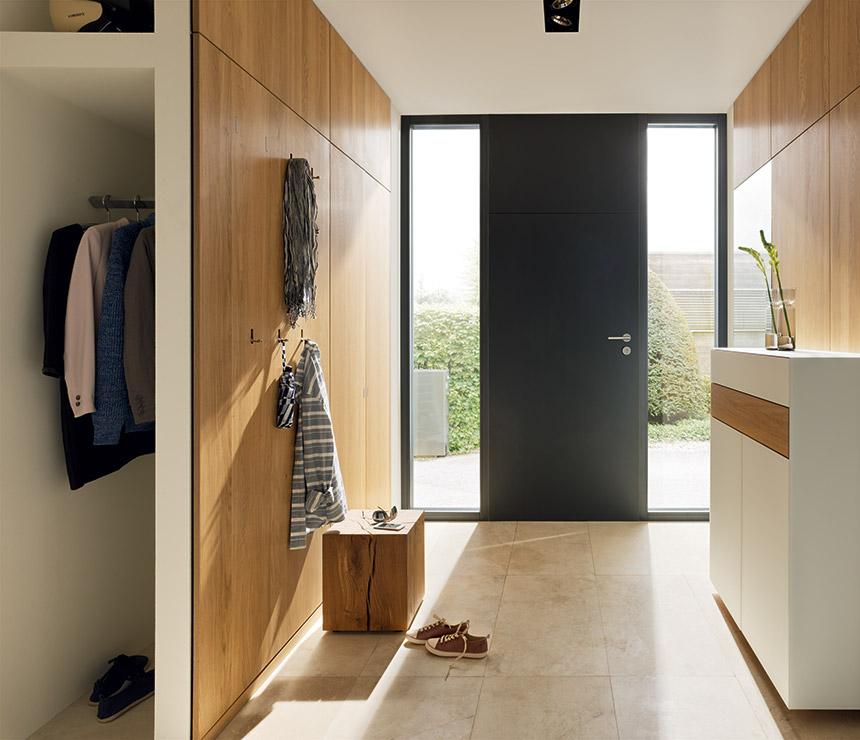 Side view of floor to ceiling hallway cabinets