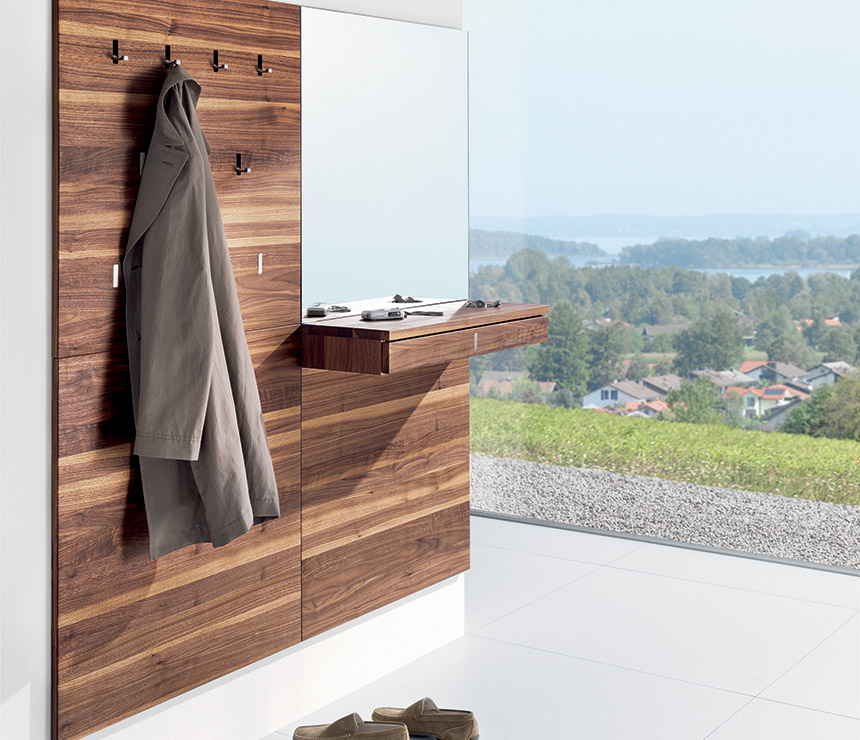 Hallway console with integrated coat hooks, shelf and mirror