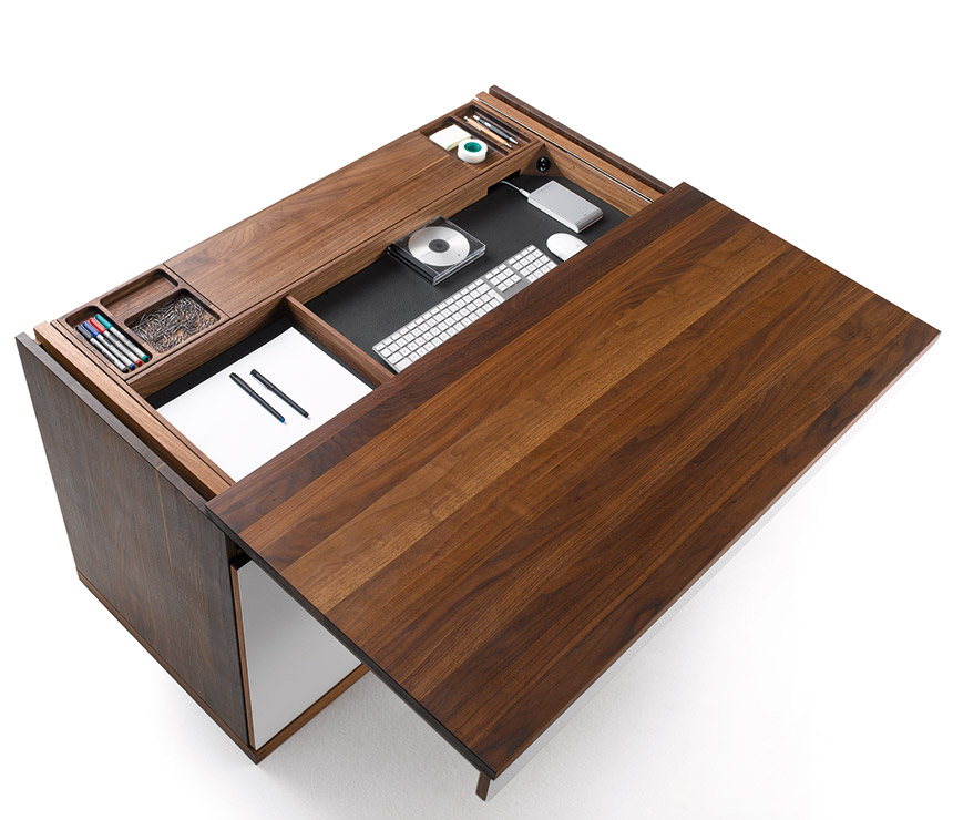 Luxury computer desk shown in walnut and white glass