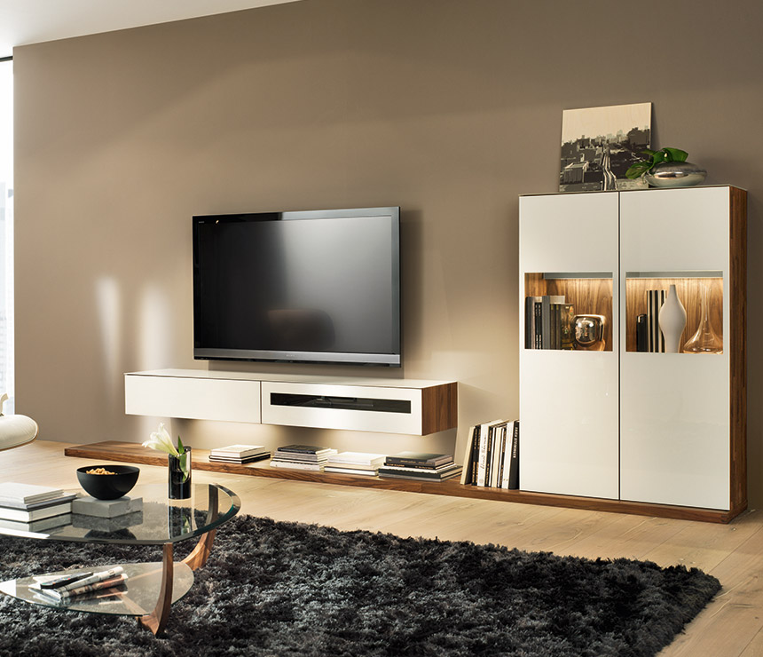 Luxury contemporary white glass-fronted walnut media units