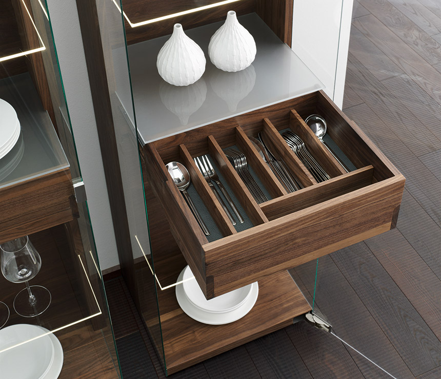 Close up of the cutlery drawer in the high-end Nox glass and solid wood display cabinet
