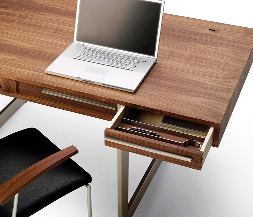High-end luxury modern desk shown in walnut and steel