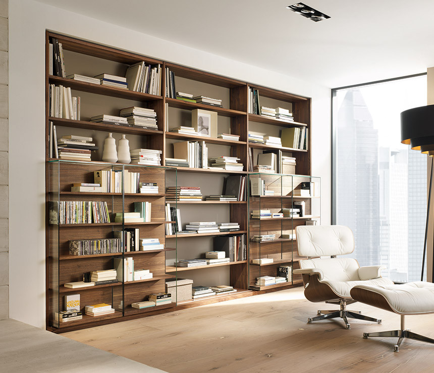 Luxury solid wood bookcases with sliding storage compartments