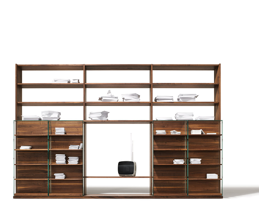 High-end luxury sliding storage unit shown in walnut