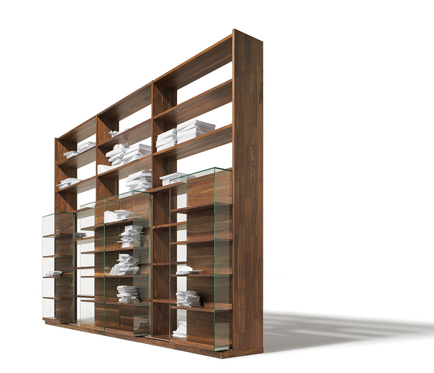 Luxury high-end walnut wall units shown with sliding shelf system