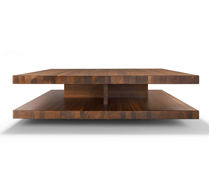 Side-detail of the c3 luxury solid hardwood coffee table - shown in walnut