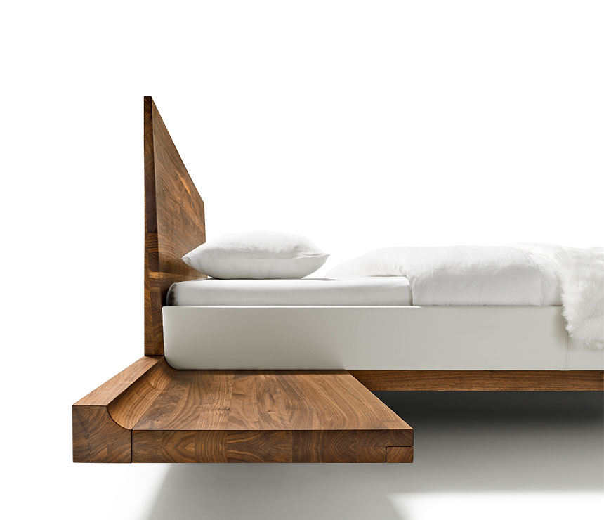 Luxury high-end walnut bed with exquisite headboard and integrated side table