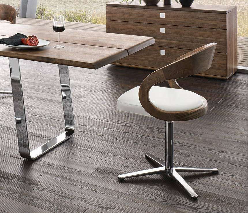 High-end luxury walnut dining chair with swivel base and memory return