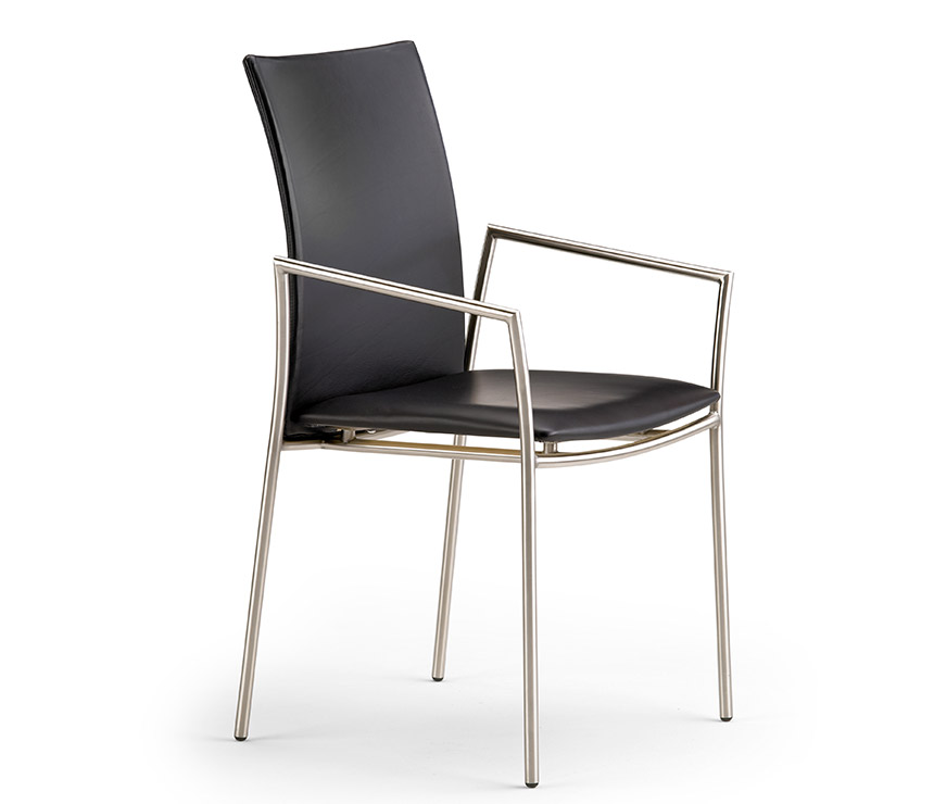 Danish modern black-upholstered leather dining chair with steel frame