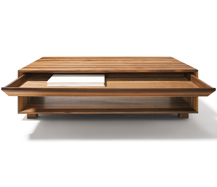 Modern walnut coffee table shown with the drawer out