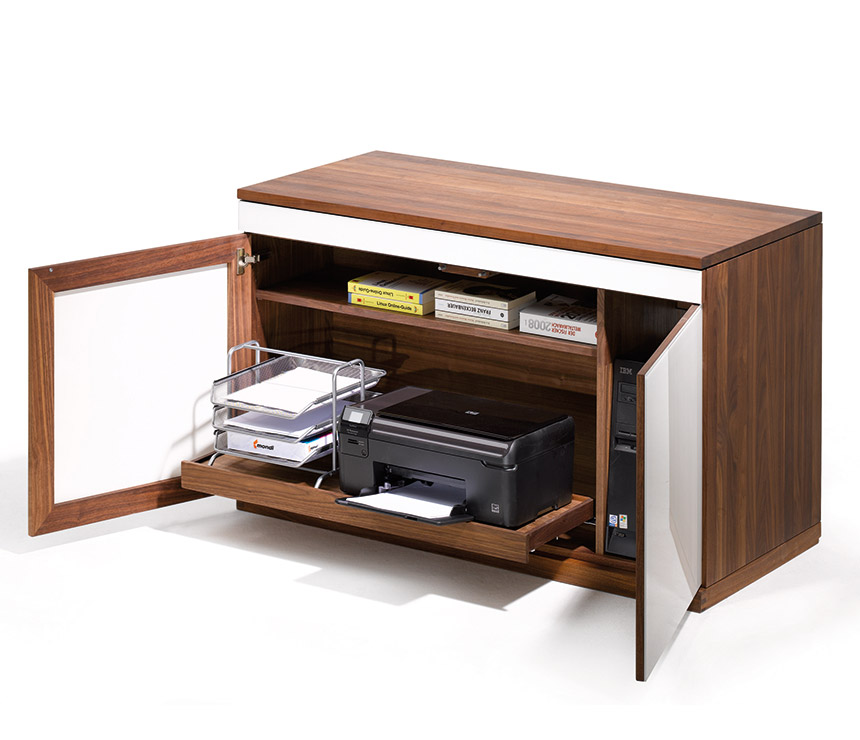 Modern computer desk shown with expansive storage