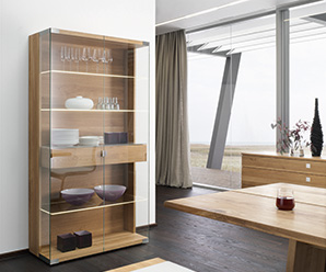 gorgeous glass, hardwood and steel dining cabinets