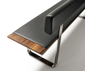 Nox walnut, leather and steel dining bench