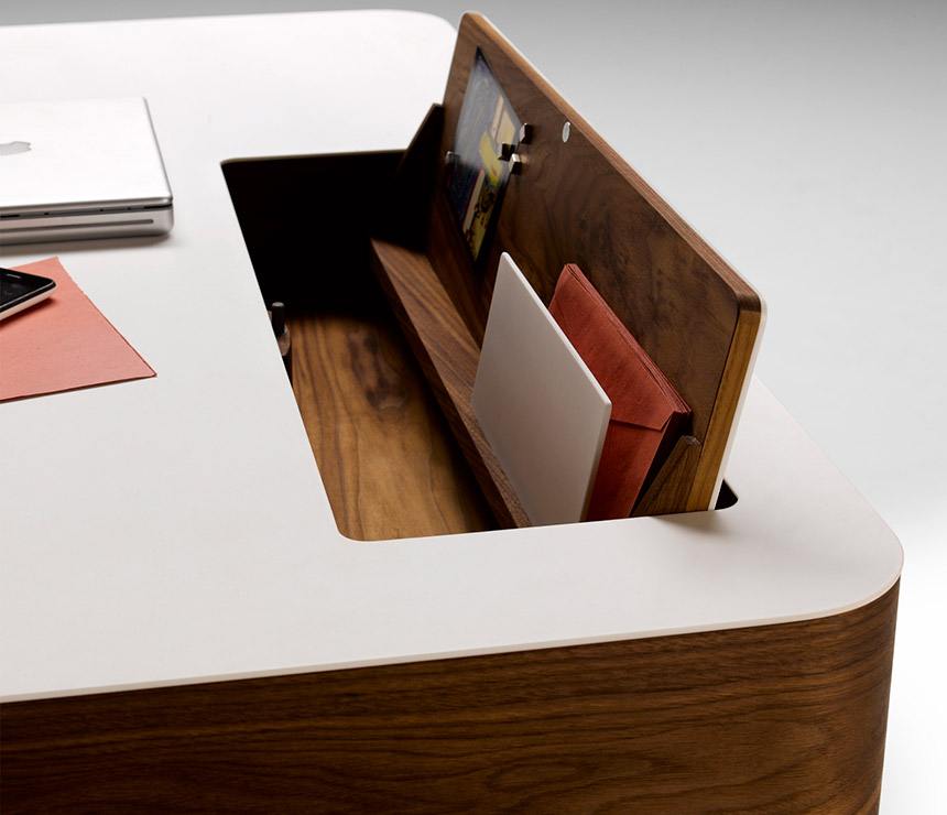 Close-up of the Danish retro desk in Corian and walnut