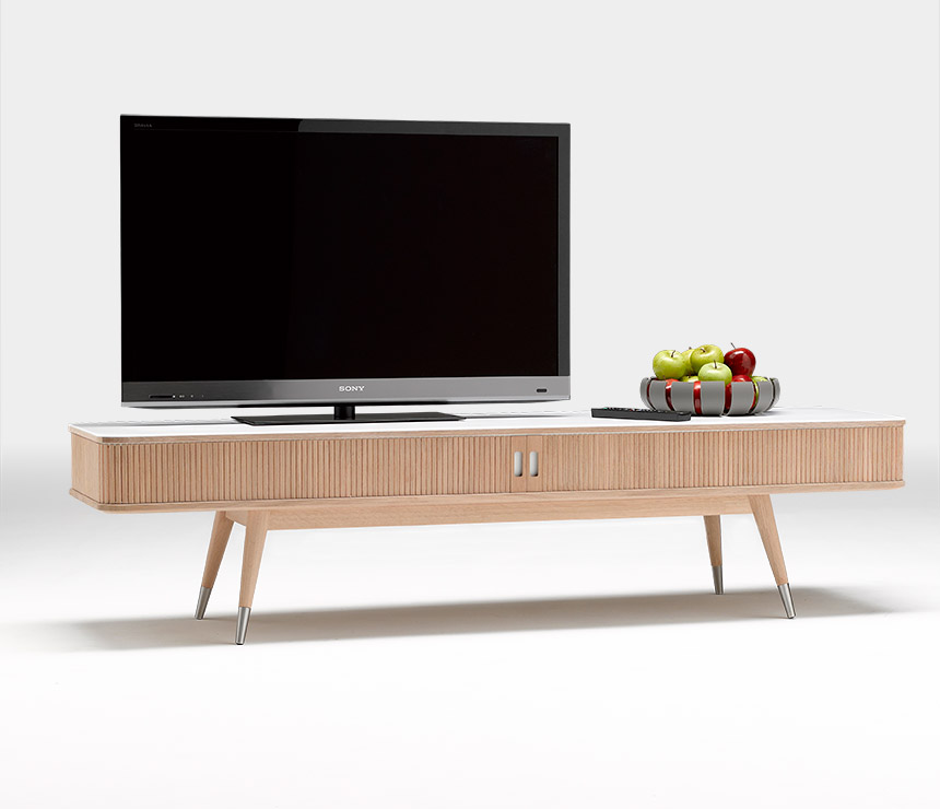 Retro media cabinet from Denmark shown in oak and Corian