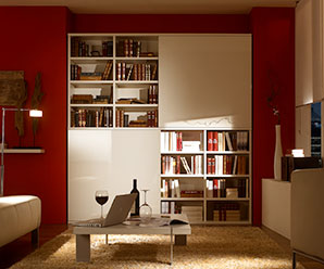 Focus living room bookcase shelving in coloured lacquer