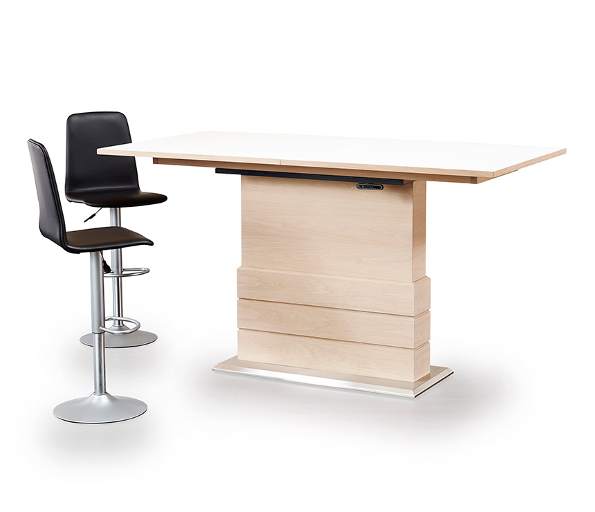 The height-adjustable dining table shown with height-adjustable bar stools