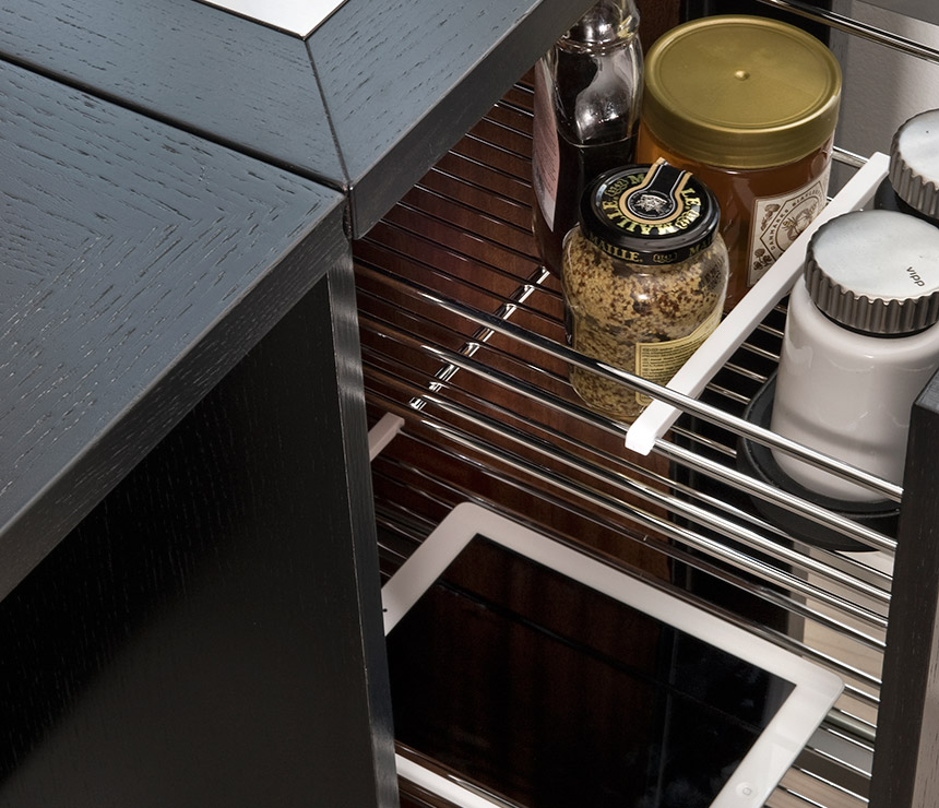 Detail of the storage compartment inside the very small dining table