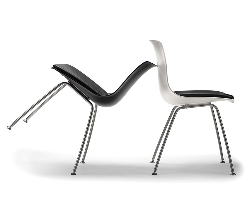 Steel-legged moulded bucket dining chair shown in black and in white