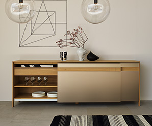 Coloured glass and solid beech sideboard with flush-fitted handles