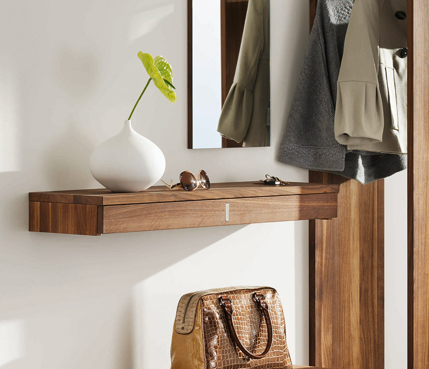 Walnut hallway console with drawer and key holder