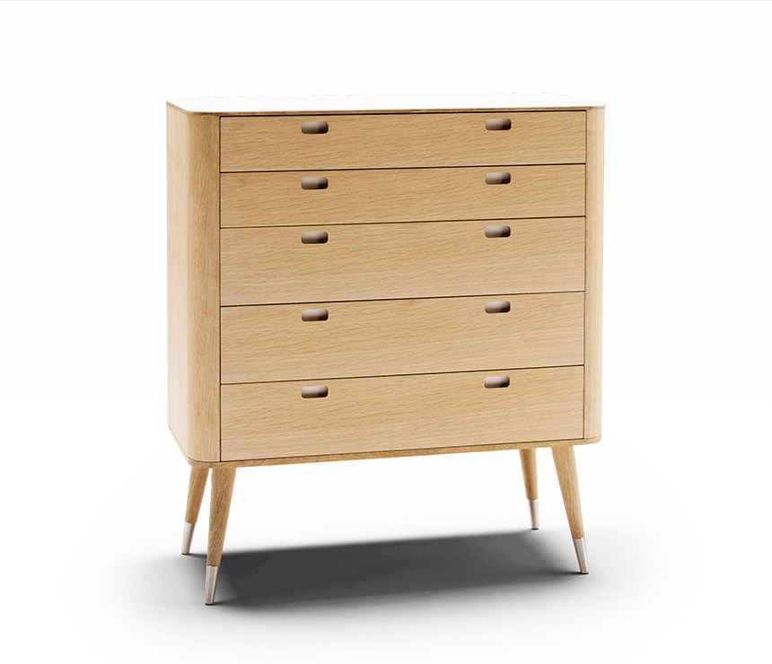 Danish wide retro office cabinet shown in alder and Corian