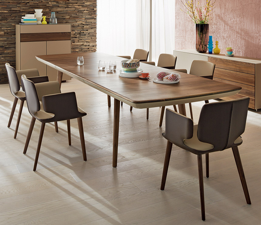 Rectangular solid wood and leather dining table